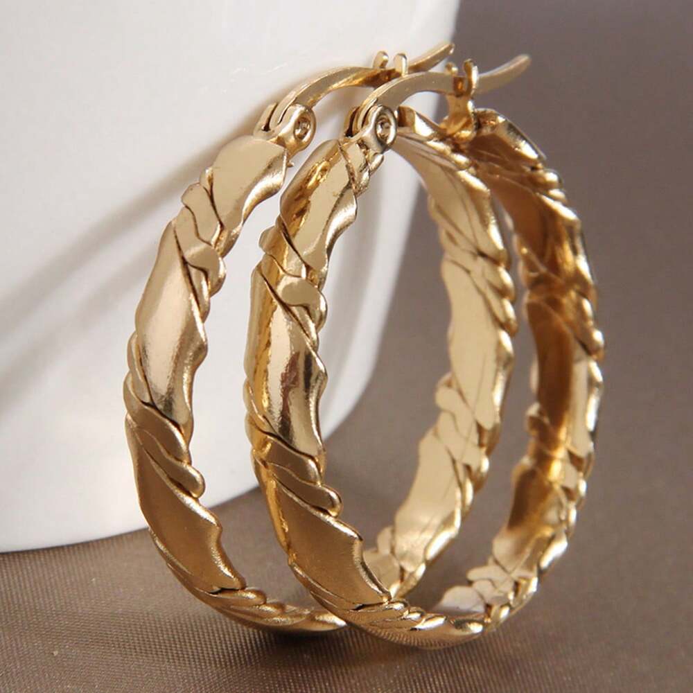 1 Pair Stainless Steel Gold Hoop Earrings – Simple Pattern Design for Women’s Daily Wear & Outfits