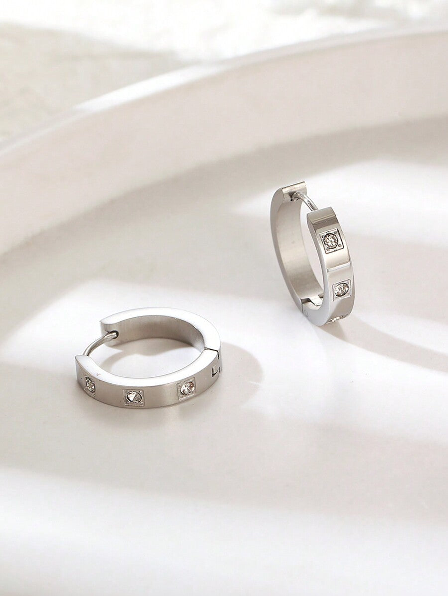 1 Pair Stainless Steel Hoop Earrings – Cubic Zirconia Decor Fashion Jewelry for Women’s Daily Wear