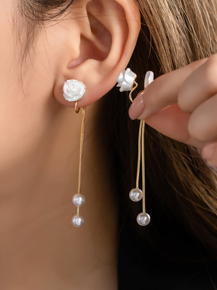 1 Pair White Camellia Rose Clip-On Earrings – Faux Pearl Non-Pierced Jewelry for Women’s Fashion