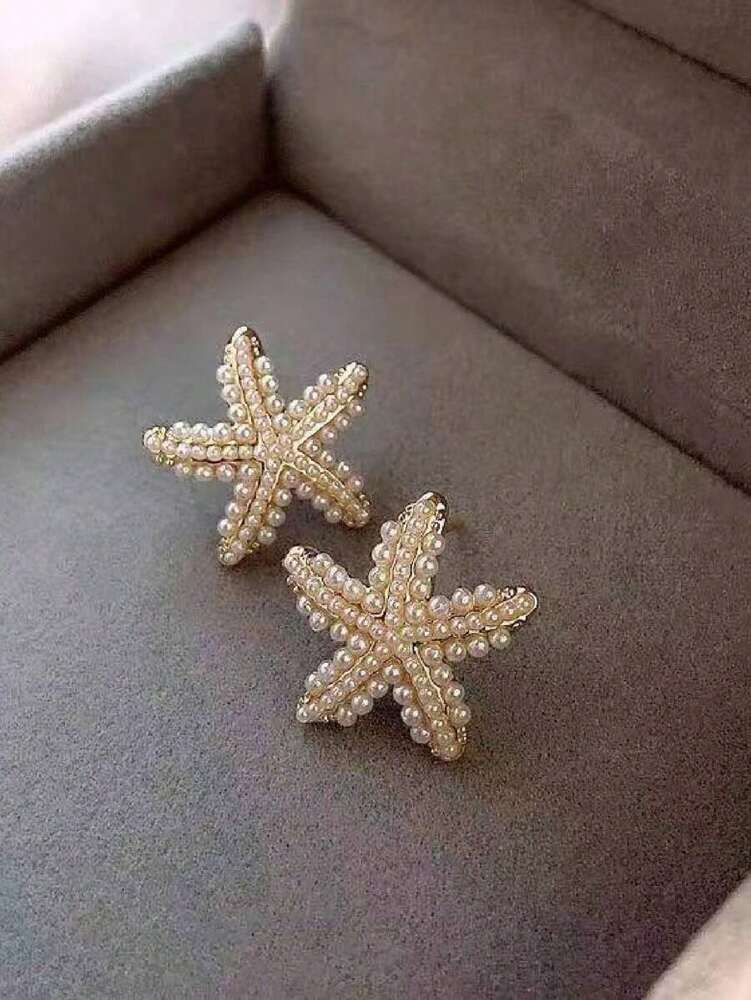 1 Pair Starfish Faux Pearl Stud Earrings – Women's Seaside Beach Style Jewelry, Perfect For Travel Outfits
