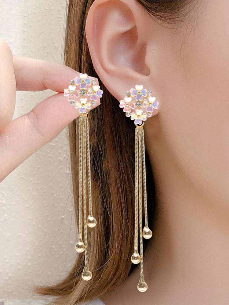 1 Pair Korean Elegant Floral Tassel Dangle Earrings – Sweet Rhinestone Decor Colorful Flower Jewelry, Perfect Gift For Mom or Valentine's Day