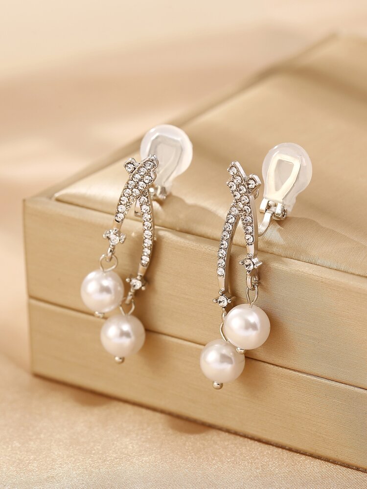 1 Pair Silver Ear Cuff Clip-On Earrings – Rhinestone & White Faux Pearl Decor for Women’s Daily Wear