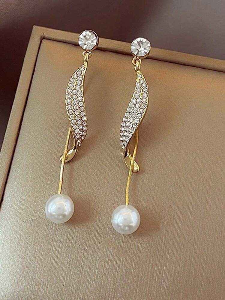 1 Pair Korean Style Pearl & Rhinestone Tassel Long Earrings – Versatile Elegant Jewelry Gift For Women