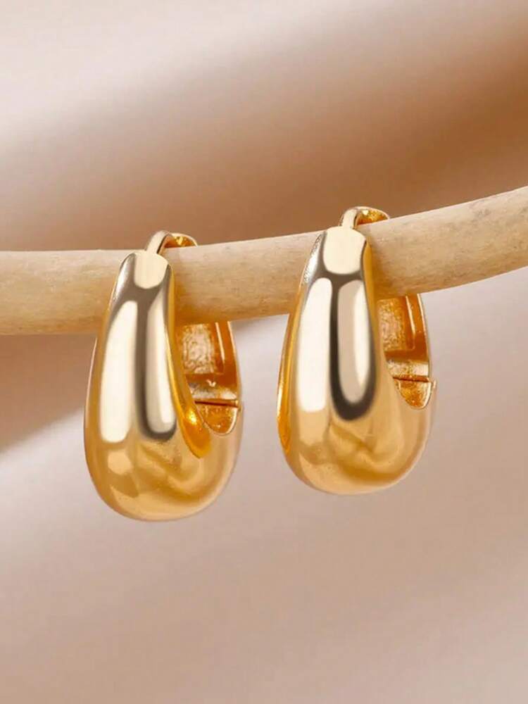1 Pair Gold Stainless Steel Small Hoop Earrings – Round Water Drop Design for Women’s Fashion & Weddings