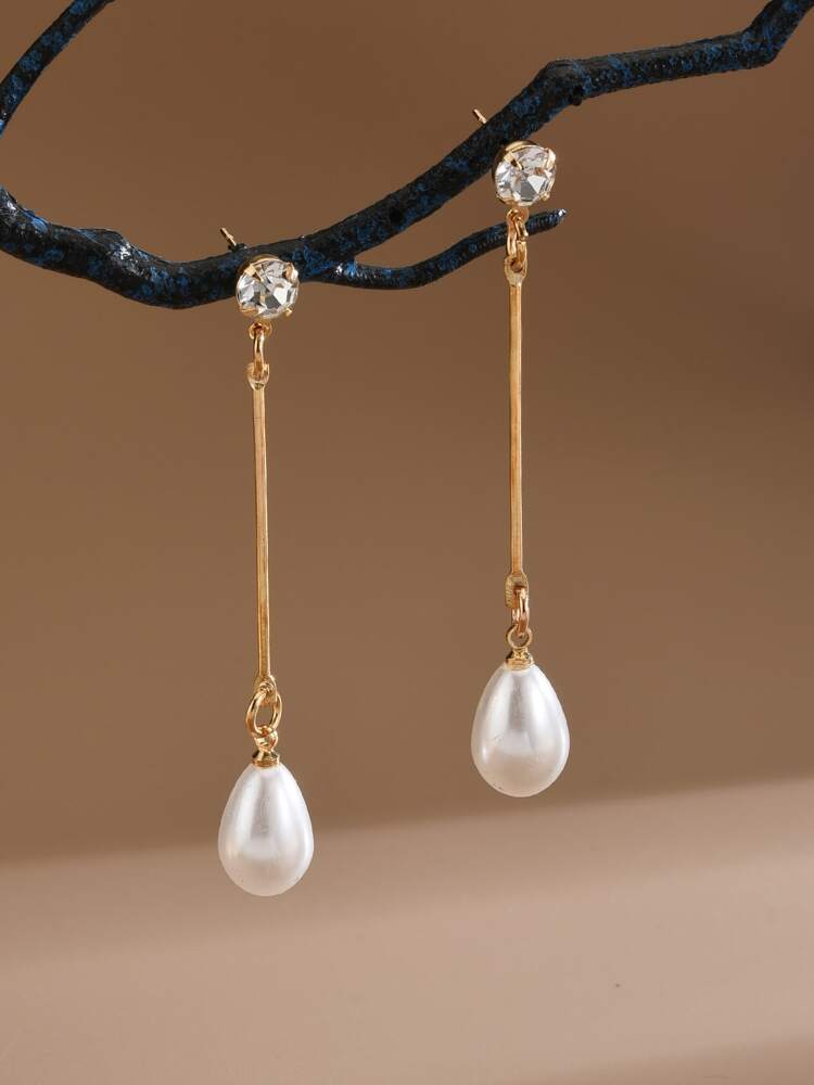 Rhinestone Decor Faux Pearl Drop Earrings – Elegant Jewelry For Women, Perfect For Parties & Special Occasions