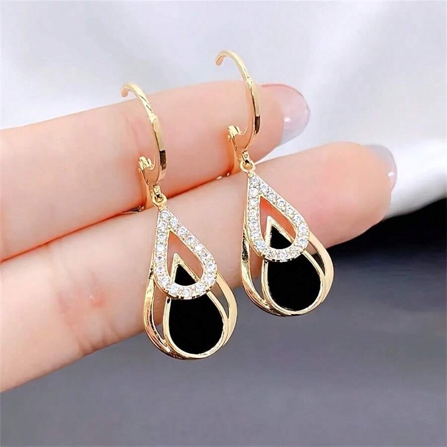 Gold Water Drop Earrings – Diamond-Rimmed Black & Gold Layered Design for Women’s Party & Date Wear