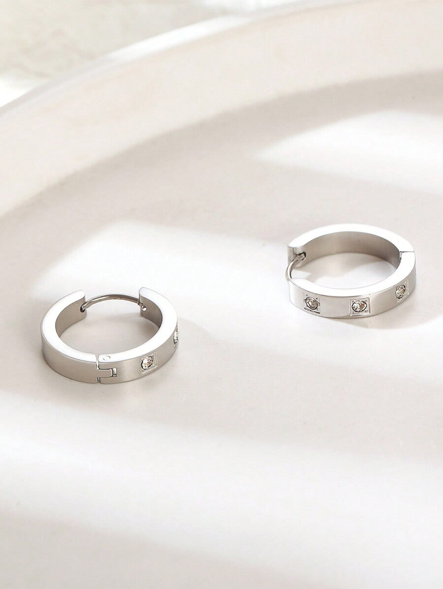 1 Pair Stainless Steel Hoop Earrings – Cubic Zirconia Decor Fashion Jewelry for Women’s Daily Wear