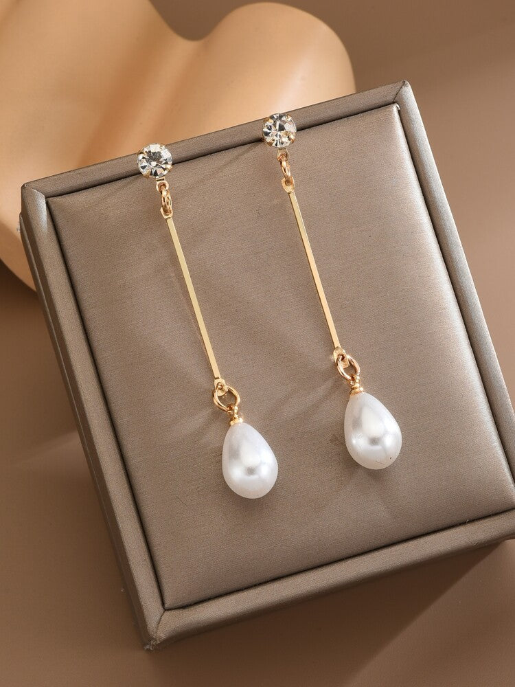 Rhinestone Decor Faux Pearl Drop Earrings – Elegant Jewelry For Women, Perfect For Parties & Special Occasions