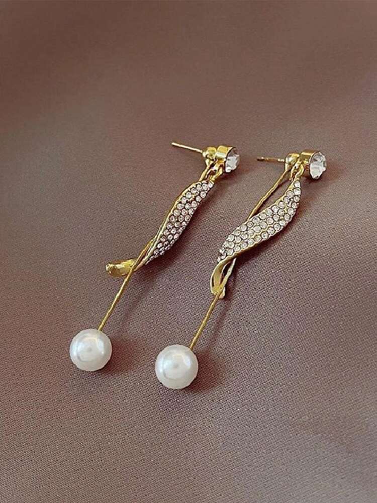 1 Pair Korean Style Pearl & Rhinestone Tassel Long Earrings – Versatile Elegant Jewelry Gift For Women