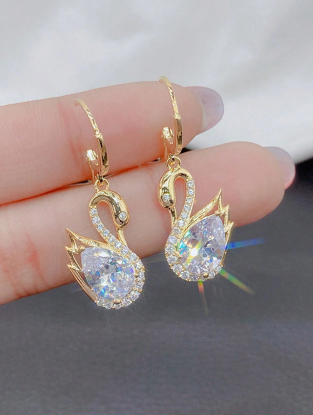 1 Pair Rhinestone Swan Design Earrings for Women, Korean Style, Unique Personalized Elegant Luxury Earrings