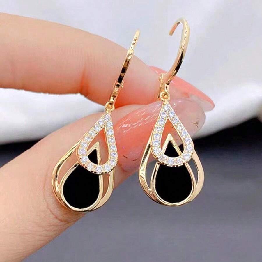 Gold Water Drop Earrings – Diamond-Rimmed Black & Gold Layered Design for Women’s Party & Date Wear