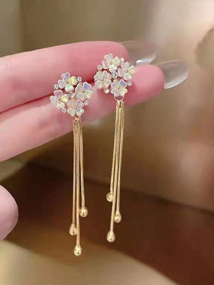 1 Pair Korean Elegant Floral Tassel Dangle Earrings – Sweet Rhinestone Decor Colorful Flower Jewelry, Perfect Gift For Mom or Valentine's Day
