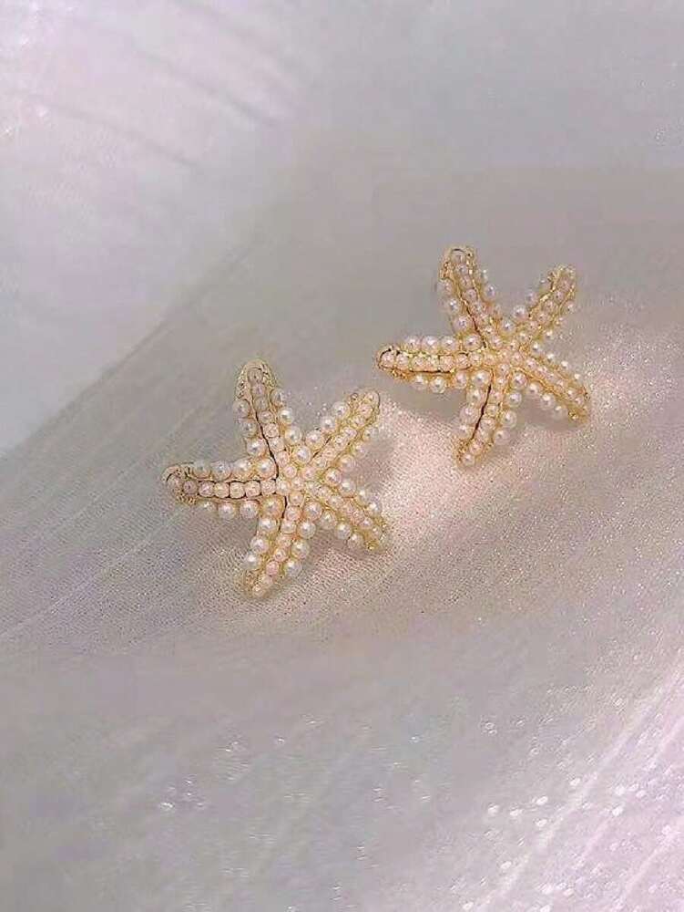 1 Pair Starfish Faux Pearl Stud Earrings – Women's Seaside Beach Style Jewelry, Perfect For Travel Outfits