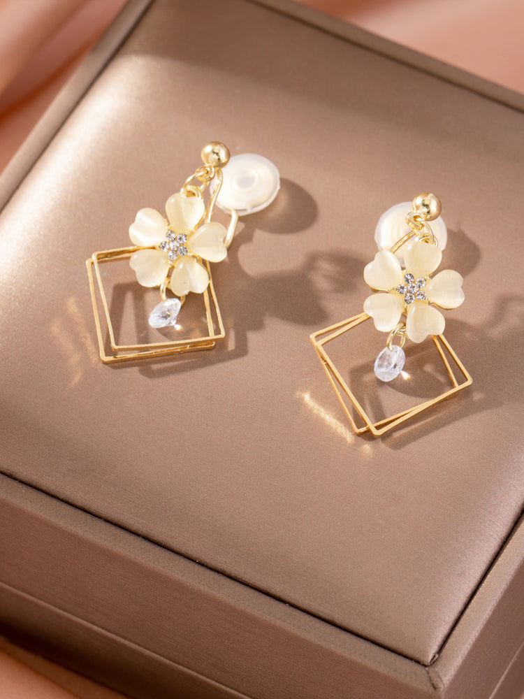 1 Pair Elegant Floral Square Clip-On Earrings – Long Non-Pierced Earrings For Women, Perfect For Daily Wear