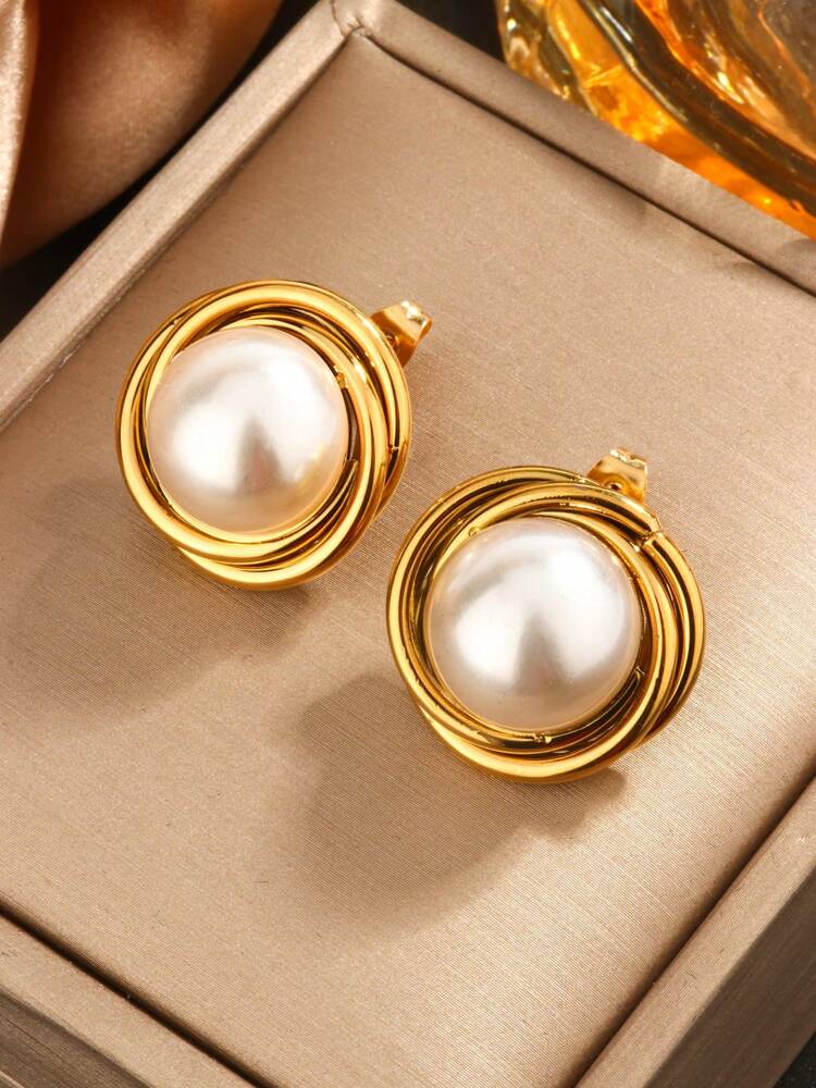Set of 2 Vintage Pearl Inlay Earrings – 18K Gold-Plated Stainless Steel Jewelry for Weddings & Banquets