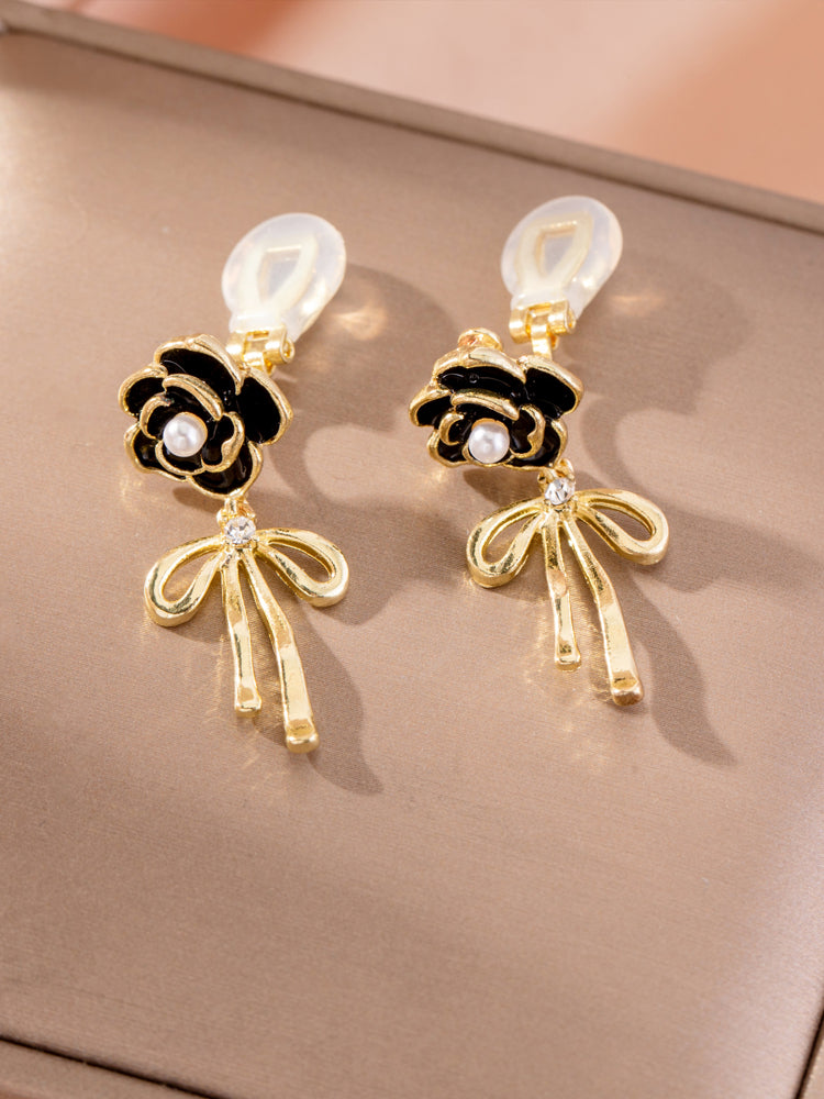 1 Pair Black Camellia Bowknot Clip-On Earrings – Non-Pierced Jewelry for Women, Valentine’s & Mother’s Day