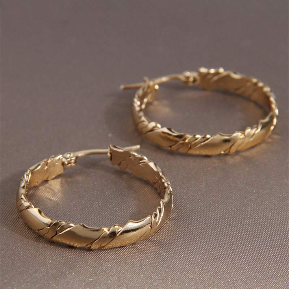 1 Pair Stainless Steel Gold Hoop Earrings – Simple Pattern Design for Women’s Daily Wear & Outfits