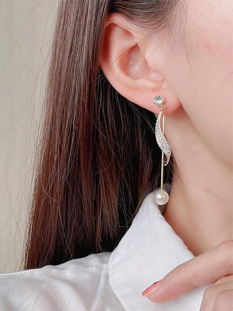 1 Pair Korean Style Pearl & Rhinestone Tassel Long Earrings – Versatile Elegant Jewelry Gift For Women