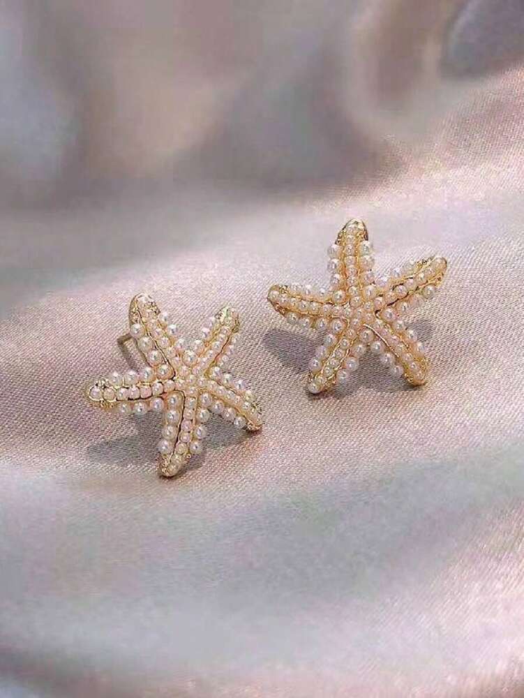 1 Pair Starfish Faux Pearl Stud Earrings – Women's Seaside Beach Style Jewelry, Perfect For Travel Outfits