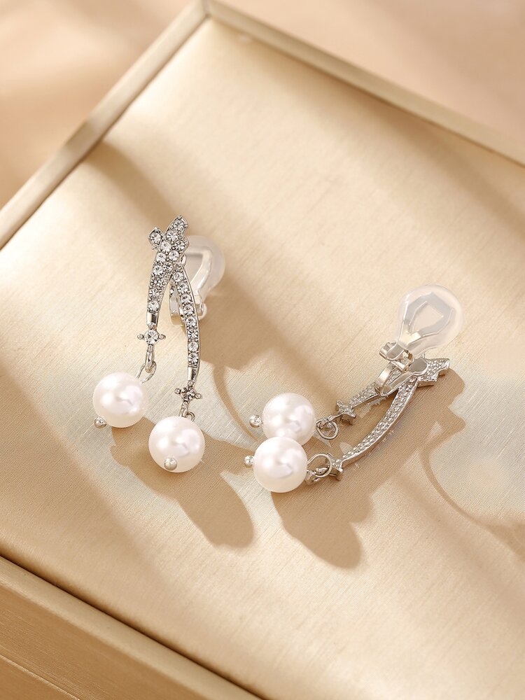 1 Pair Silver Ear Cuff Clip-On Earrings – Rhinestone & White Faux Pearl Decor for Women’s Daily Wear