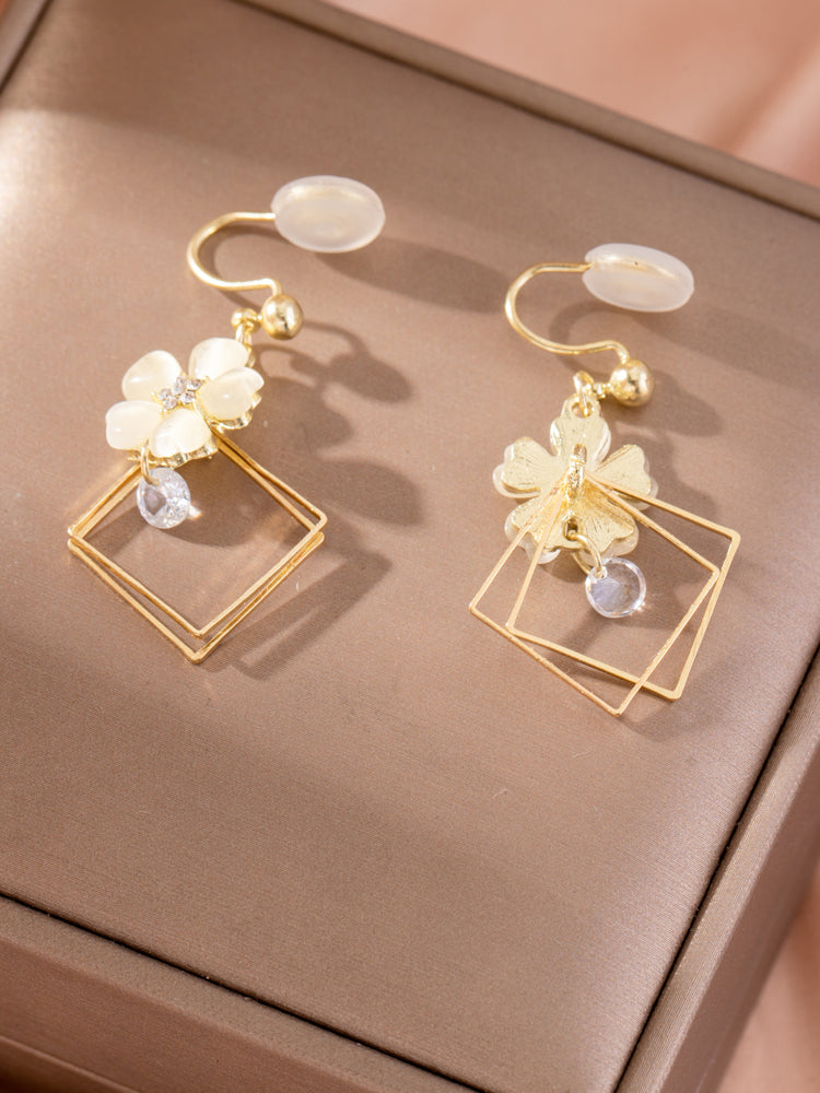 1 Pair Elegant Floral Square Clip-On Earrings – Long Non-Pierced Earrings For Women, Perfect For Daily Wear