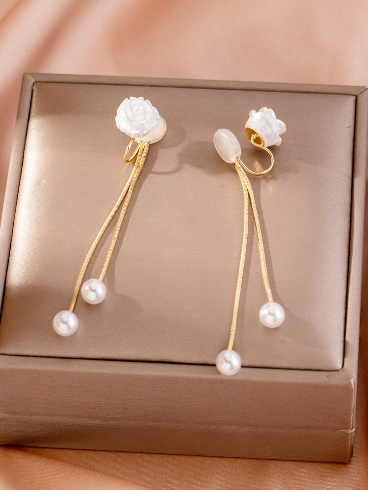1 Pair White Camellia Rose Clip-On Earrings – Faux Pearl Non-Pierced Jewelry for Women’s Fashion
