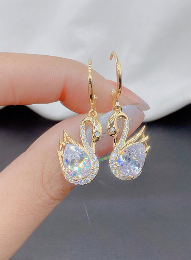 1 Pair Rhinestone Swan Design Earrings for Women, Korean Style, Unique Personalized Elegant Luxury Earrings