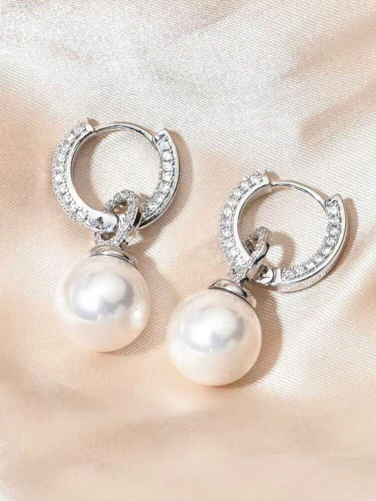 1 Pair Zirconia Pearl Stud Earrings – Elegant Micro-Inlaid Copper Jewelry for Women’s Daily Wear & Dates