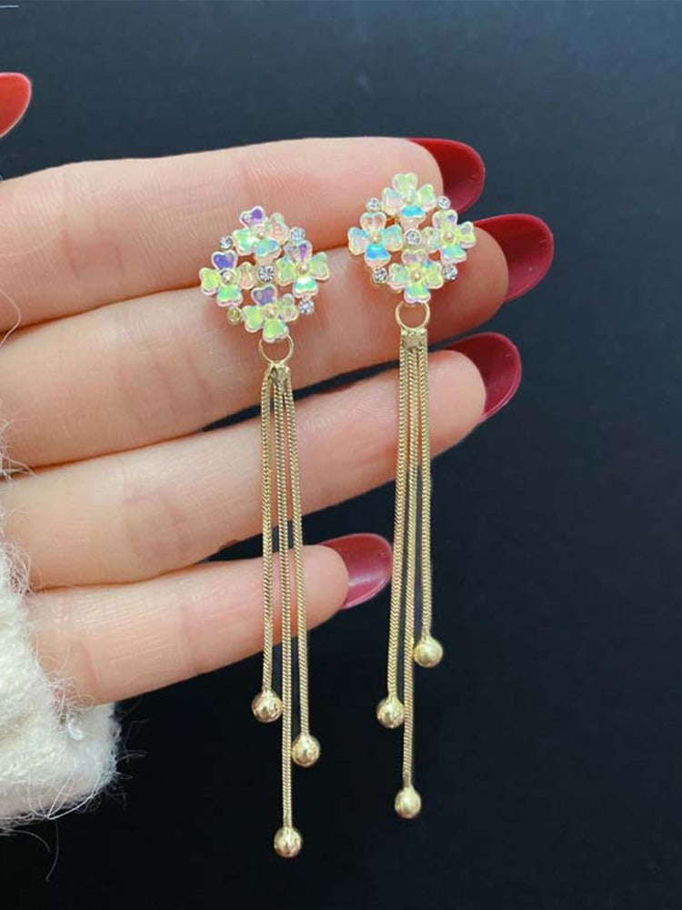 1 Pair Korean Elegant Floral Tassel Dangle Earrings – Sweet Rhinestone Decor Colorful Flower Jewelry, Perfect Gift For Mom or Valentine's Day