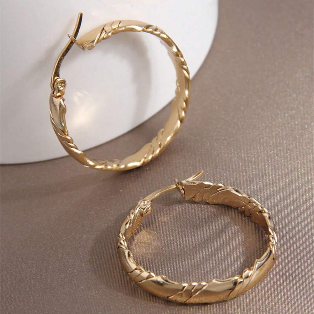 1 Pair Stainless Steel Gold Hoop Earrings – Simple Pattern Design for Women’s Daily Wear & Outfits