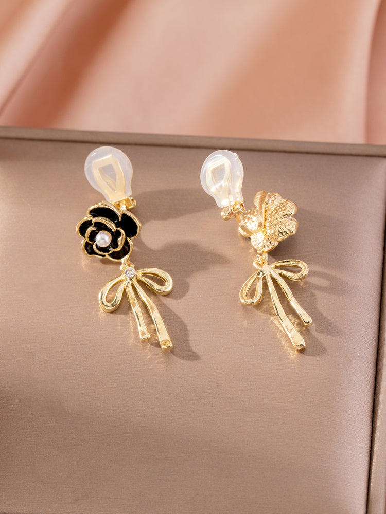 1 Pair Black Camellia Bowknot Clip-On Earrings – Non-Pierced Jewelry for Women, Valentine’s & Mother’s Day