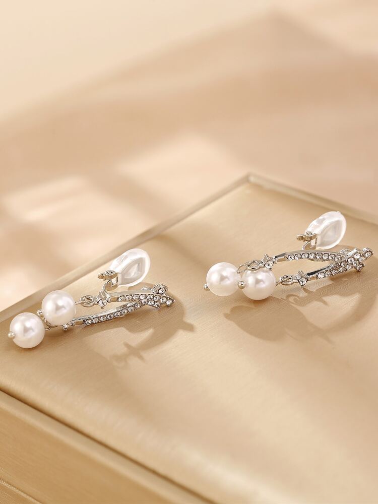 1 Pair Silver Ear Cuff Clip-On Earrings – Rhinestone & White Faux Pearl Decor for Women’s Daily Wear
