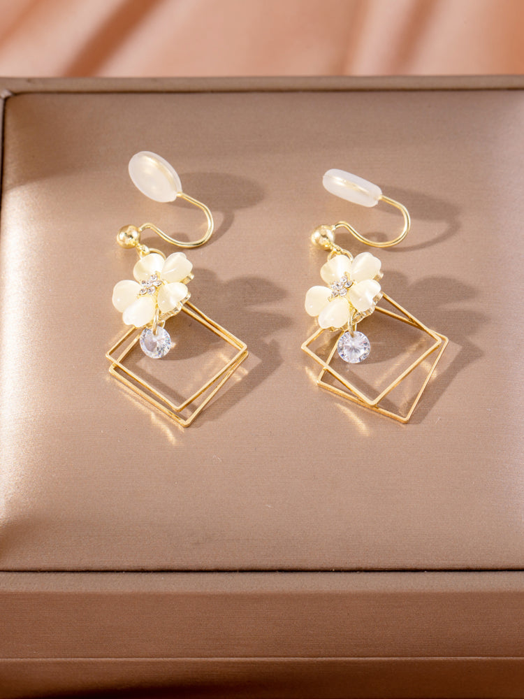 1 Pair Elegant Floral Square Clip-On Earrings – Long Non-Pierced Earrings For Women, Perfect For Daily Wear