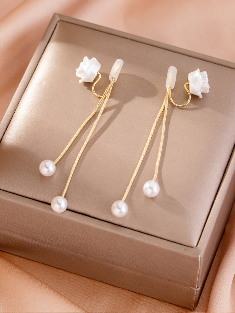 1 Pair White Camellia Rose Clip-On Earrings – Faux Pearl Non-Pierced Jewelry for Women’s Fashion