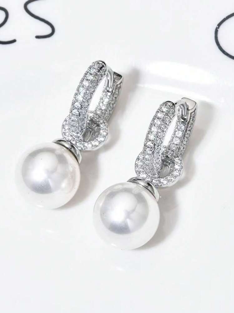 1 Pair Zirconia Pearl Stud Earrings – Elegant Micro-Inlaid Copper Jewelry for Women’s Daily Wear & Dates