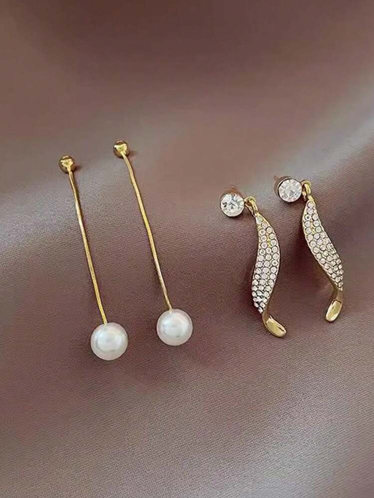 1 Pair Korean Style Pearl & Rhinestone Tassel Long Earrings – Versatile Elegant Jewelry Gift For Women