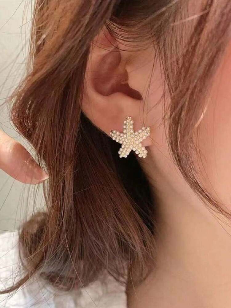 1 Pair Starfish Faux Pearl Stud Earrings – Women's Seaside Beach Style Jewelry, Perfect For Travel Outfits