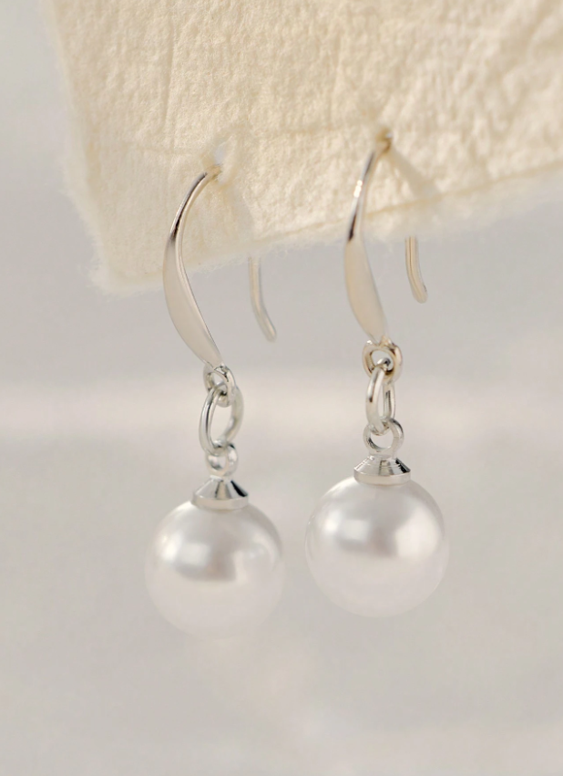 1 Pair 925 Sterling Silver 10mm Pearl Drop Earrings for Women, Ear Hook Jewelry