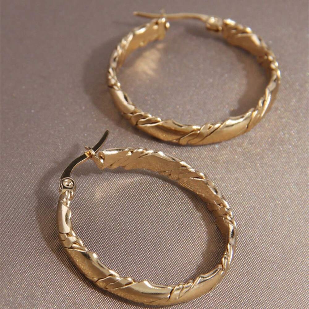 1 Pair Stainless Steel Gold Hoop Earrings – Simple Pattern Design for Women’s Daily Wear & Outfits