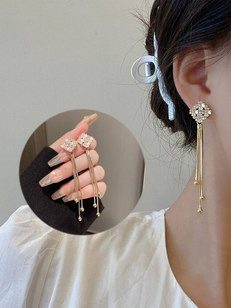 1 Pair Korean Elegant Floral Tassel Dangle Earrings – Sweet Rhinestone Decor Colorful Flower Jewelry, Perfect Gift For Mom or Valentine's Day