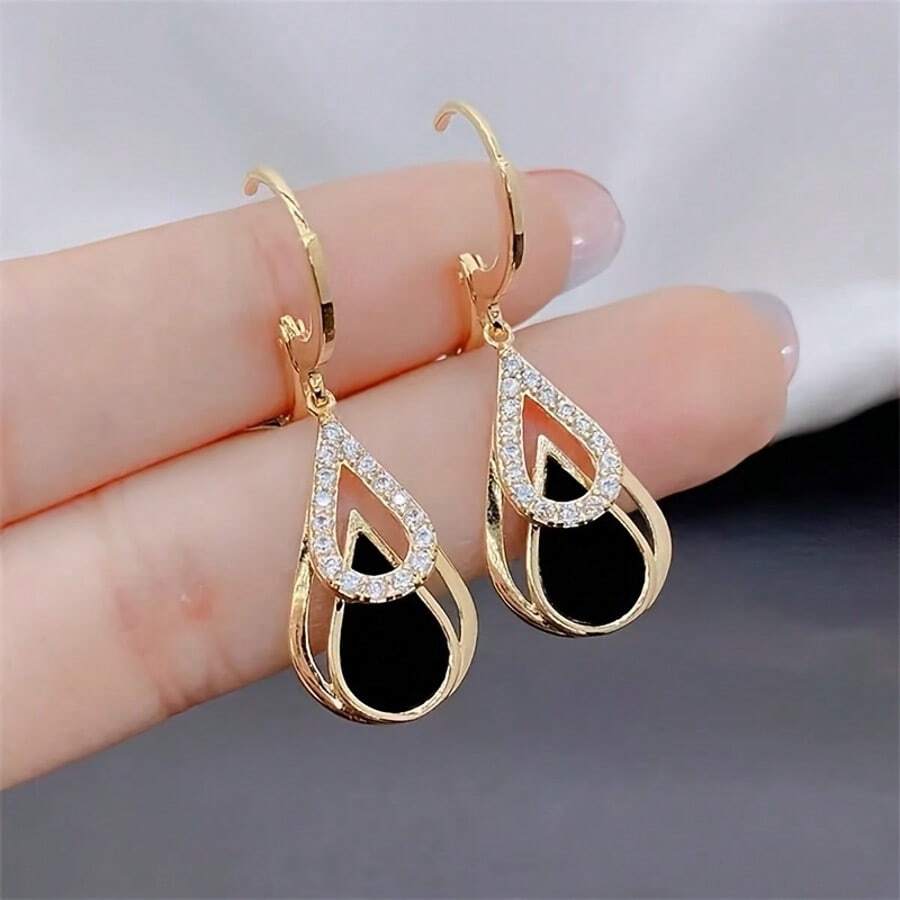 Gold Water Drop Earrings – Diamond-Rimmed Black & Gold Layered Design for Women’s Party & Date Wear