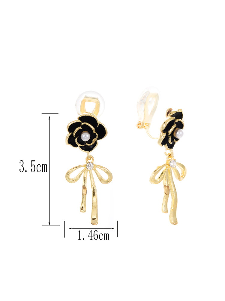 1 Pair Black Camellia Bowknot Clip-On Earrings – Non-Pierced Jewelry for Women, Valentine’s & Mother’s Day