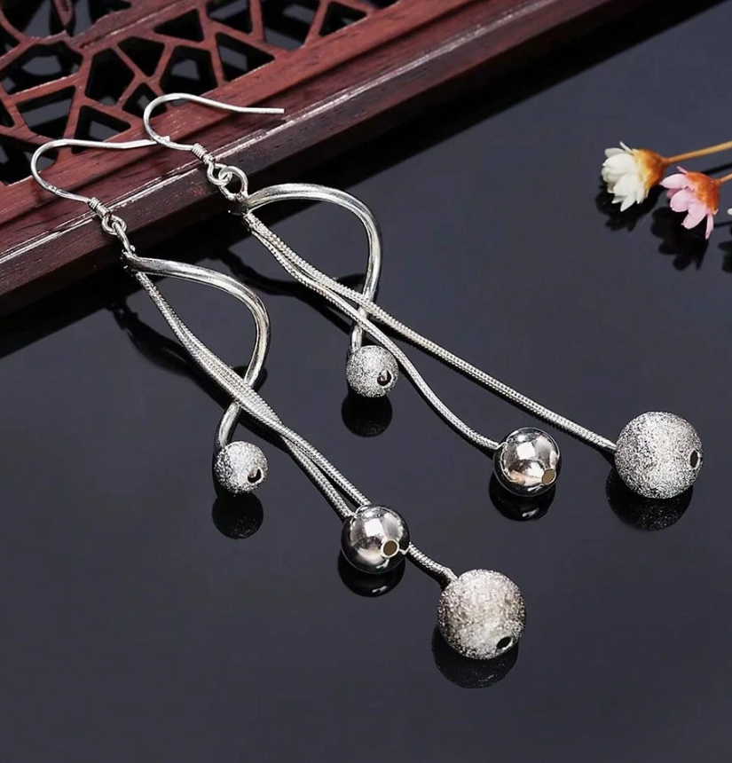 Hot 925 Sterling Silver Tassel Beads Earrings for Women, Fashion Party Long Earrings, Wedding & Gift Jewelry