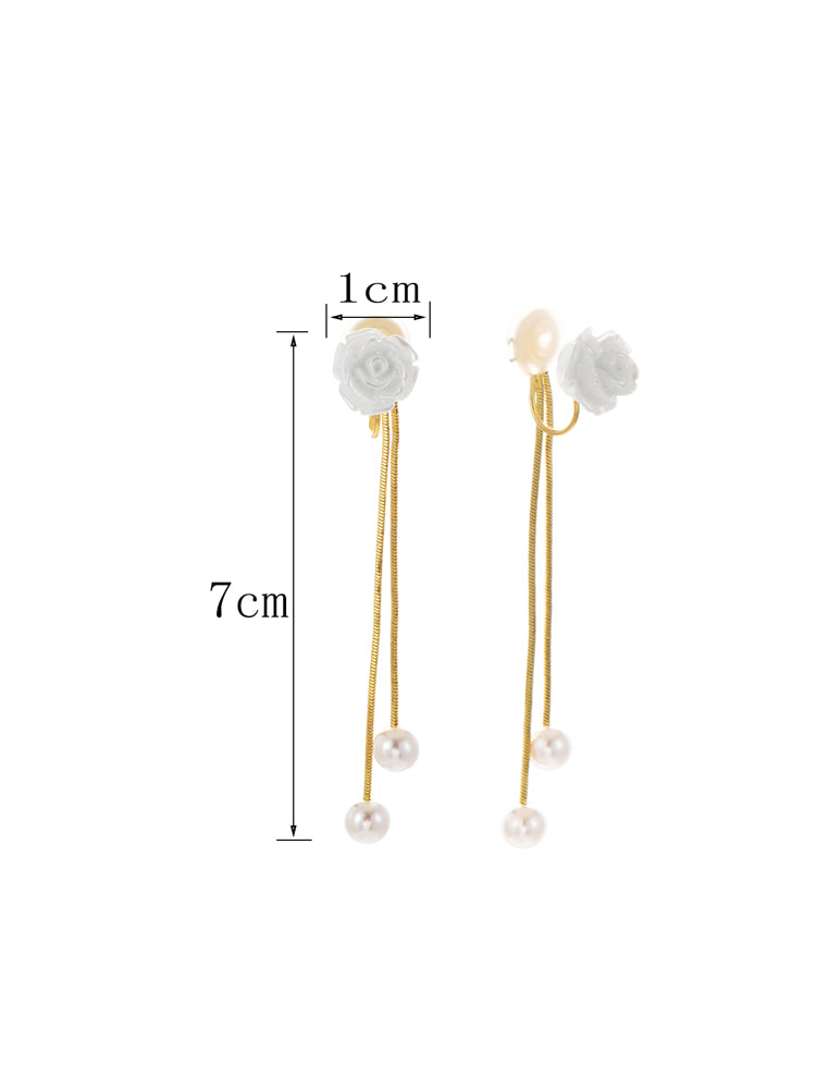 1 Pair White Camellia Rose Clip-On Earrings – Faux Pearl Non-Pierced Jewelry for Women’s Fashion