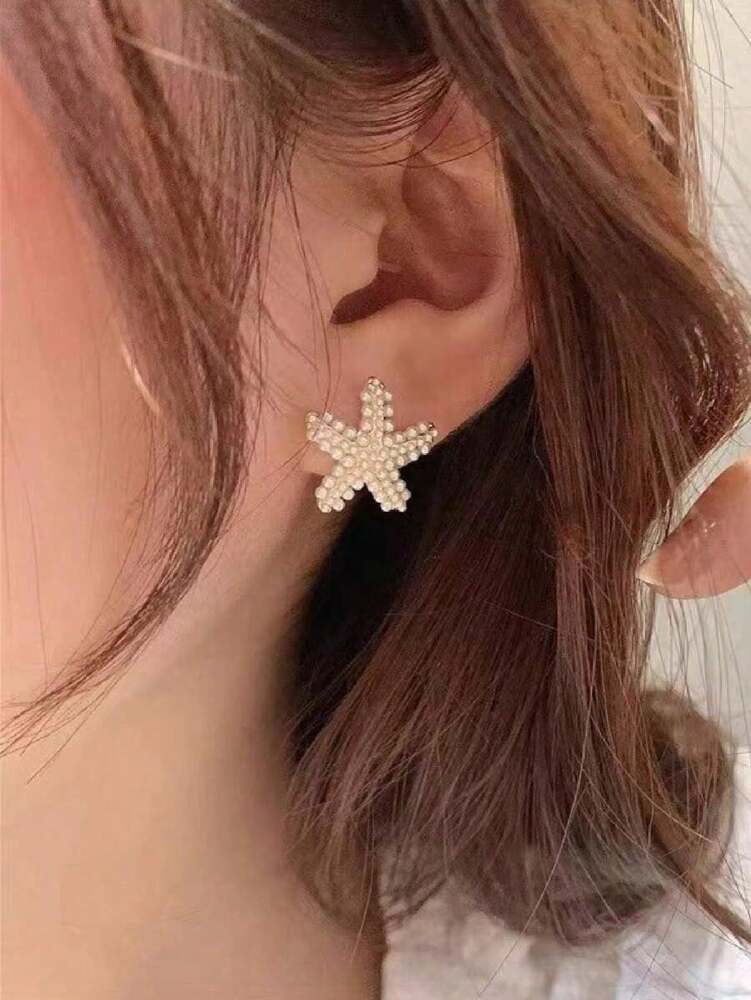 1 Pair Starfish Faux Pearl Stud Earrings – Women's Seaside Beach Style Jewelry, Perfect For Travel Outfits