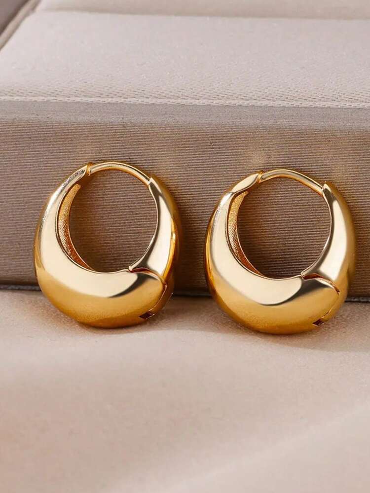 1 Pair Gold Stainless Steel Small Hoop Earrings – Round Water Drop Design for Women’s Fashion & Weddings
