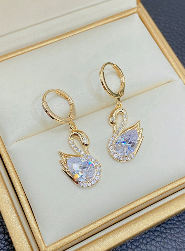 1 Pair Rhinestone Swan Design Earrings for Women, Korean Style, Unique Personalized Elegant Luxury Earrings