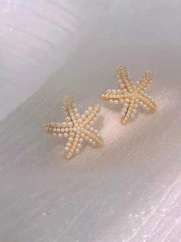 1 Pair Starfish Faux Pearl Stud Earrings – Women's Seaside Beach Style Jewelry, Perfect For Travel Outfits