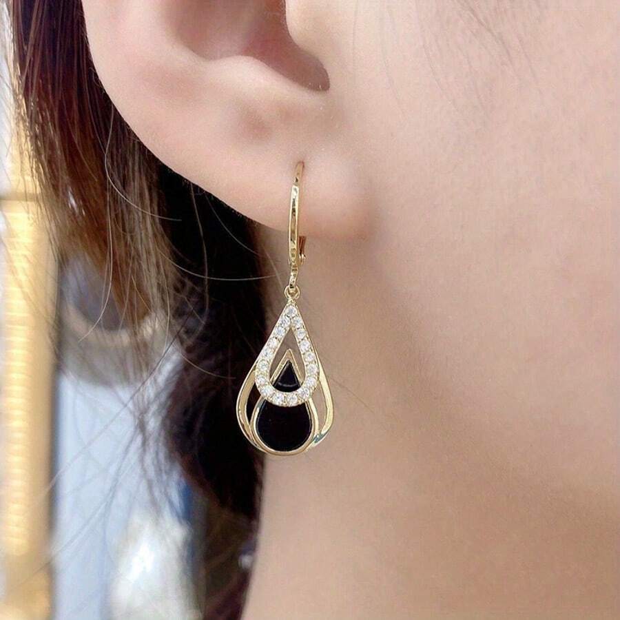 Gold Water Drop Earrings – Diamond-Rimmed Black & Gold Layered Design for Women’s Party & Date Wear