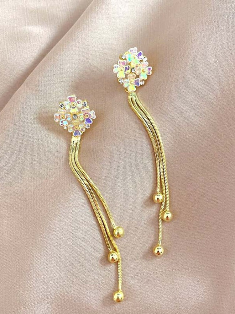1 Pair Korean Elegant Floral Tassel Dangle Earrings – Sweet Rhinestone Decor Colorful Flower Jewelry, Perfect Gift For Mom or Valentine's Day